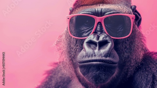 A stylish gorilla wearing glasses on pink background. Animal wearing sunglasses © Vladimir