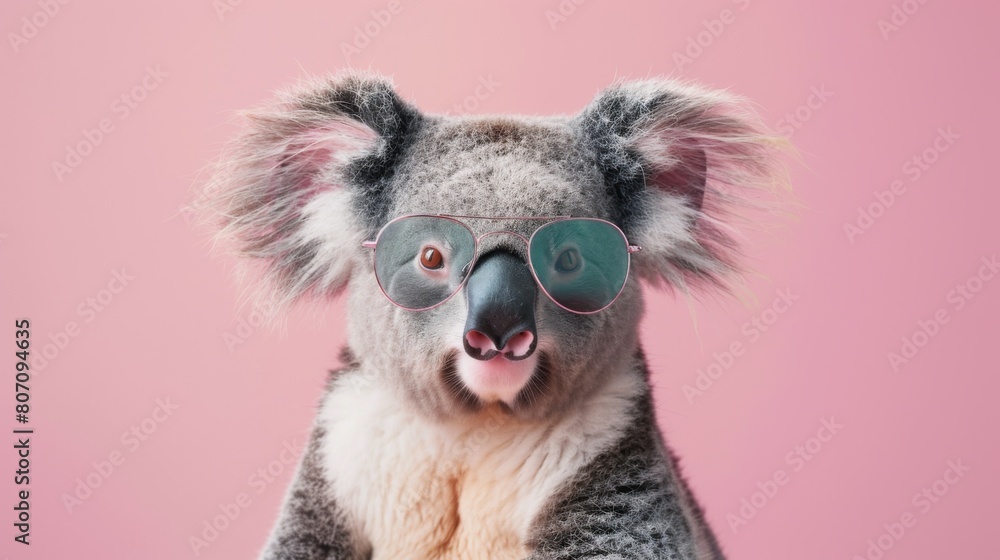 Fototapeta premium A stylish koala wearing glasses on pink background. Animal wearing sunglasses