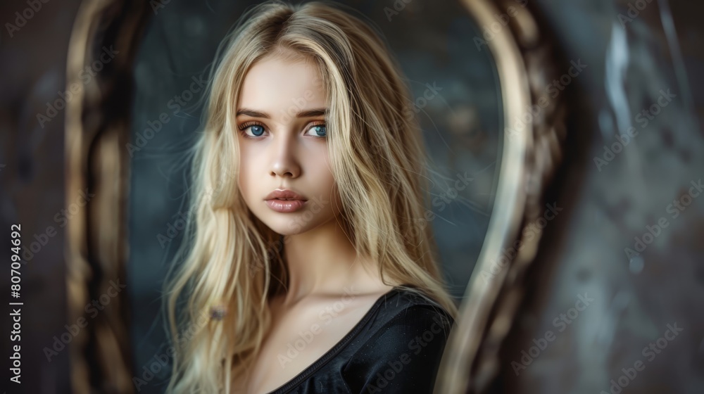 Fototapeta premium A serious-looking woman with long blonde hair stands before a mirror, gazing at her reflection and the camera