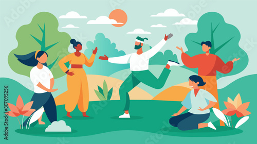 In the tranquility of a peaceful garden a diverse group of people come together to find balance and harmony through Tai Chi.. Vector illustration