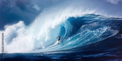 A surfer commands a towering ocean wave, showcasing skill and thrill as the water curls dramatically around the athletic figure