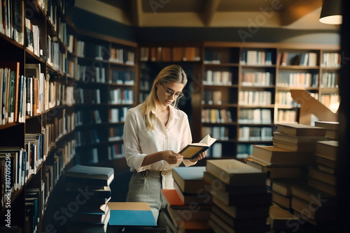 Young female student reading a book in the library.	 photo