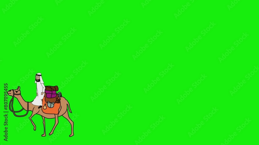 2d animated character of Arab camel rider with white clothes and burdens on tired and sad camel movg left or travelg deserts. 2d animated character of Arab camel rider with white clothes and burdens on tired and sad camel movg left or travelg deserts.