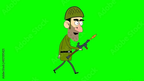 2d animated character of Runng and runng away or attackg the enemy by a soldier holdg an RPG or a mortar and wearg  military uniforms. photo