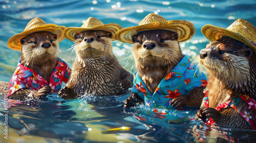 Four otters wearing hats and shirts are swimming in the water photo