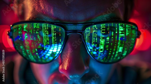 Close-up of a hacker's hand hovering over a keyboard, with lines of code reflected in their glasses, plotting cybercrime.