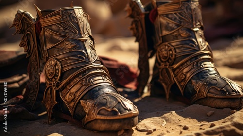 Hoplite's engraved greaves on dusty training ground. photo