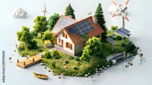 3D Flat Icon of AI-Optimized Smart Grid System for Renewable Energy Distribution in Isometric Scene