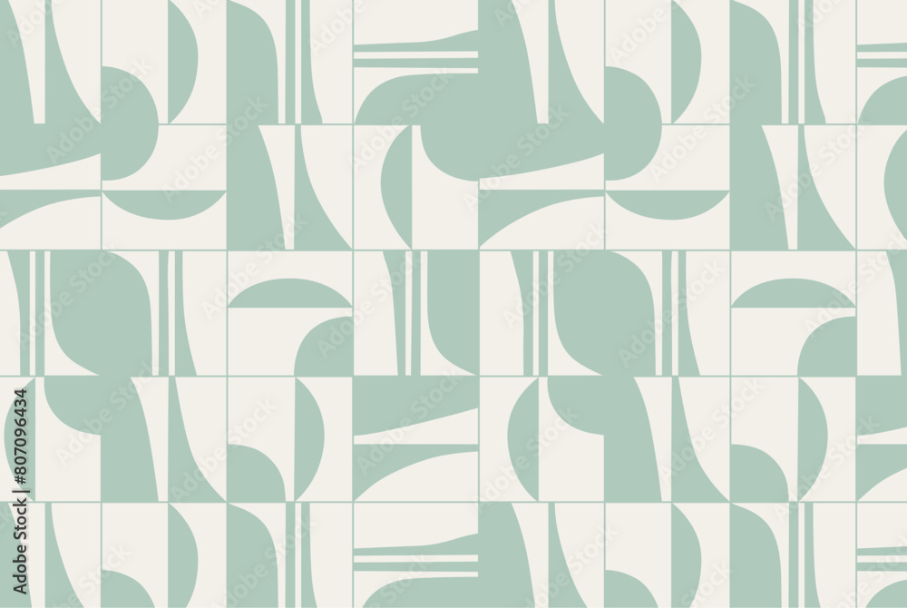 Linear seamless smooth and square abstract pattern drawing with turquoise color on beige background