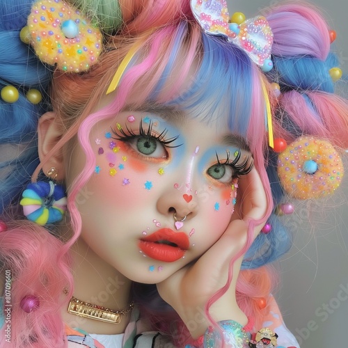 Una linda imagen de una chica harajuku con adornos de mil colores