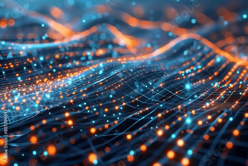 Visualization of wireless communication, waves of data flowing between devices, illustrated in glowing lines of blue and orange photo