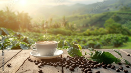 Hot coffee cup with organic coffee beans on the wooden table and the plantations background AI generate