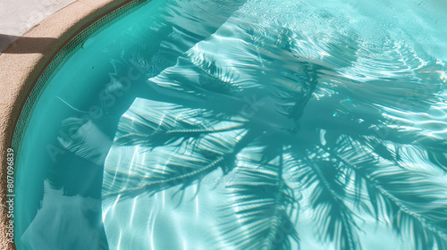 High angle view of palm shadow on the water surface. Swimming pool with tropical tree silhouette at noon