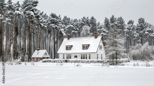 A house stands solitarily in a snow-filled field Trees line the opposite side