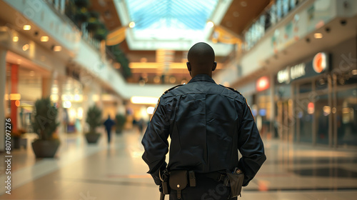 Security Officer Monitoring Mall. Black security guard in uniform watching over a shopping mall, blurred background, indoor shot.