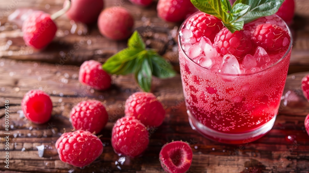 raspberry soda in a glass on the table raspberry soda in a glass on the table