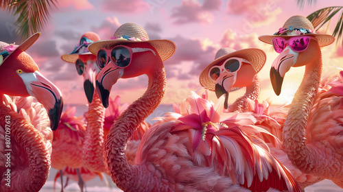 a group of flamingos dressed in stylish beachwear, with each flamingo sporting sun hats and sunglasses, against a backdrop of pink-hued skies and palm-fringed shores photo