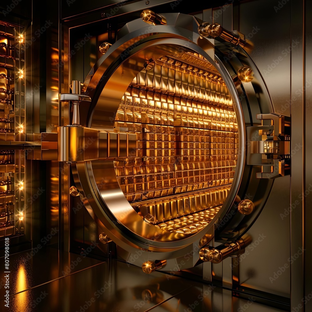 A bank vault door, crafted from luxurious gold bars, opens wide to ...