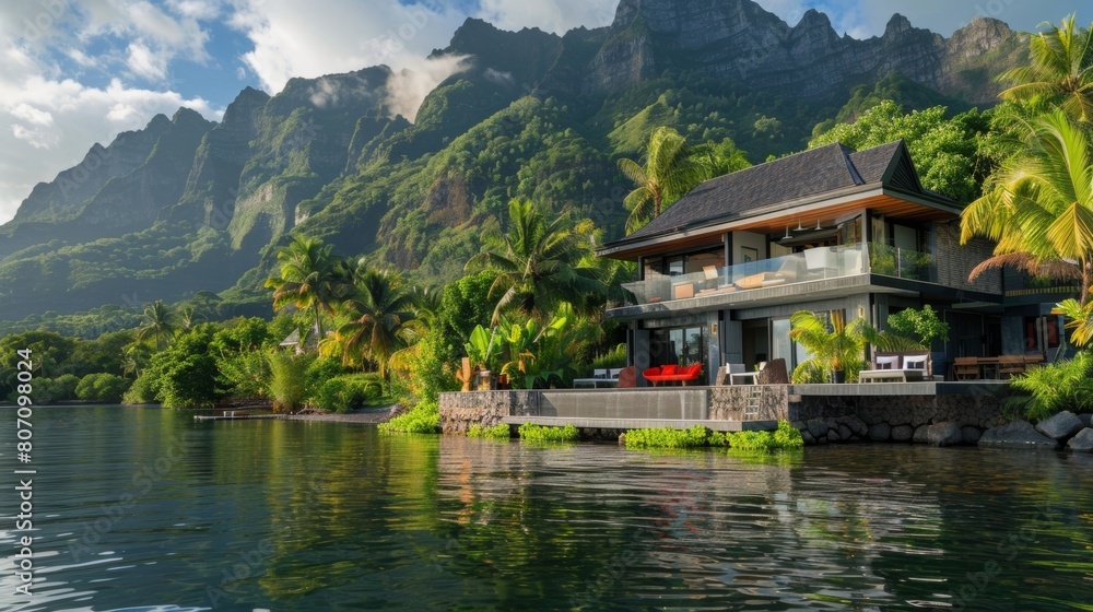 Fototapeta premium A plush waterfront villa set against a backdrop of lush greenery and towering mountains.