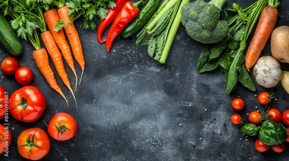A black stone counter holds a vegetable-laden tabletop Vegetables include carrots, broccoli, radishes, cucumbers, and more A black stone counter holds a vegetable-laden tabletop Vegetables include carrots, broccoli, radishes, cucumbers, and more
