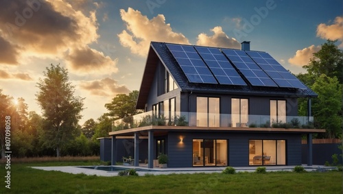 Visualize sustainability, solar panels on a detached home, framed by a beautiful sky, symbolizing eco-friendly living.