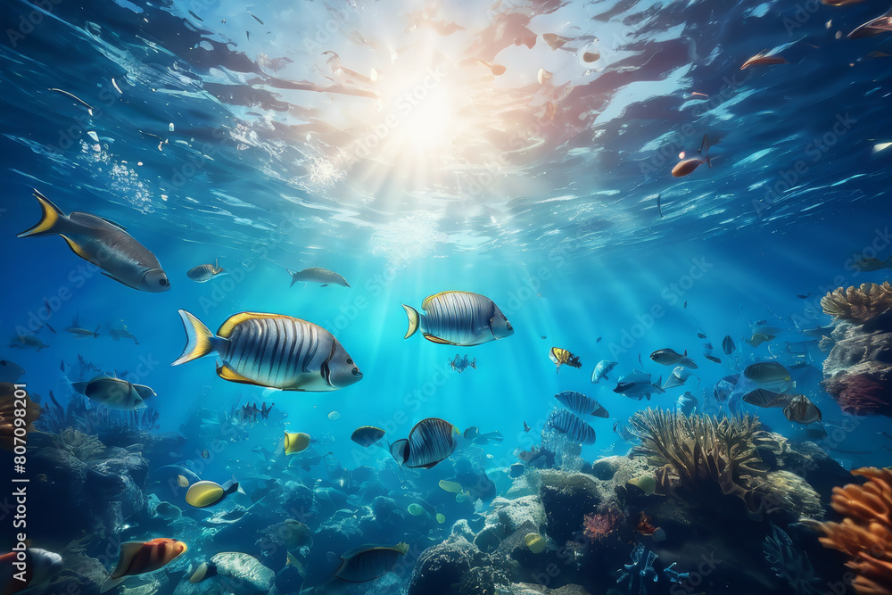 Fototapeta premium Under water shot from sea bottom with fish