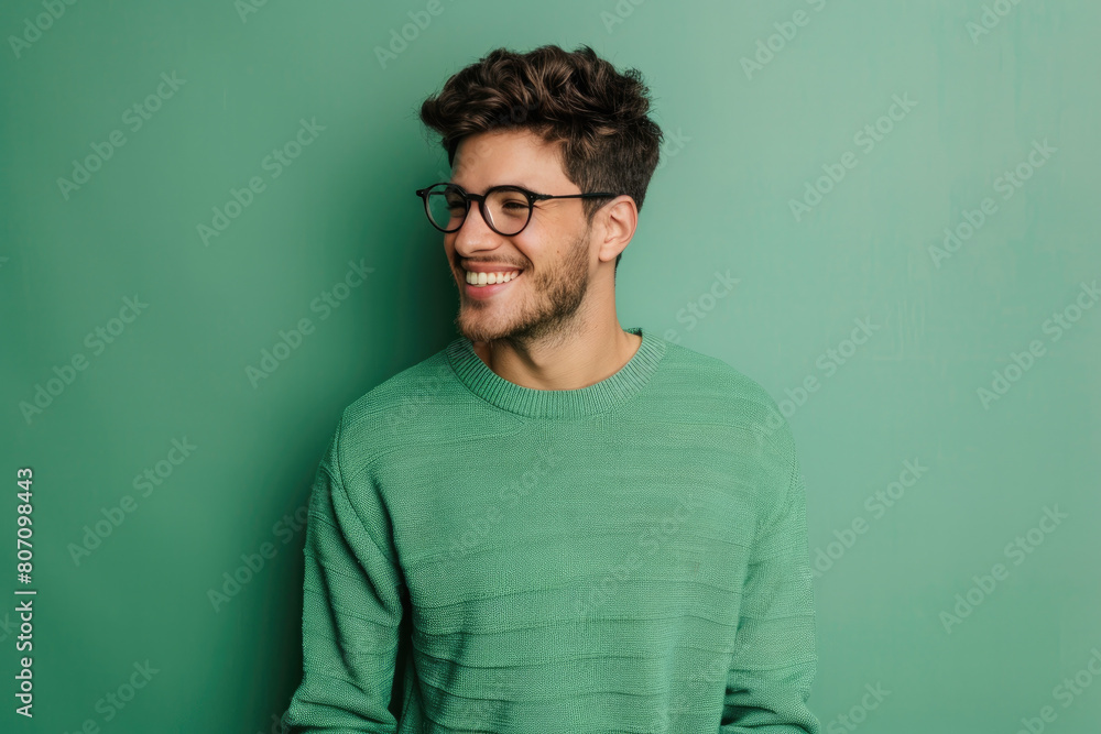 A man wearing glasses and a green sweater laughs candidly, exuding a warm, relaxed and positive vibe A man wearing glasses and a green sweater laughs candidly, exuding a warm, relaxed and positive vibe