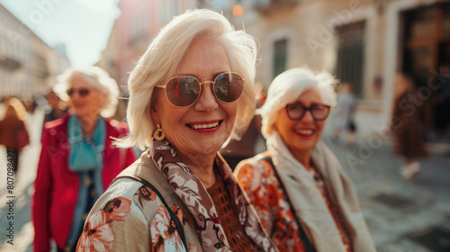 A smiling elderly woman in sunglasses enjoying a walk with friends in a bright urban setting at golden hour