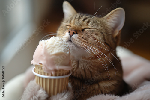 Meme. The cat licks the vanilla or caramel ice cream cone. This image creates a playful and fun vibe, perfect for pet-related content or humorous ads. photo