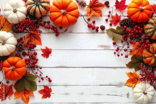 Festive autumn decor from pumpkins  berries and leaves on a white wooden background. Concept of Thanksgiving day or Halloween. 
