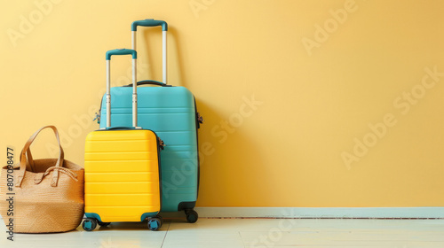 Suitcases well packed for a journey  stand against a bright yellow background complimenting the anticipation of adventure