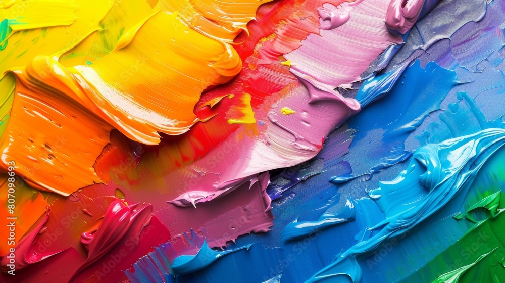 A rainbow-colored palette of paint strokes on an artist's canvas, representing creativity, diversity, and self-expression.