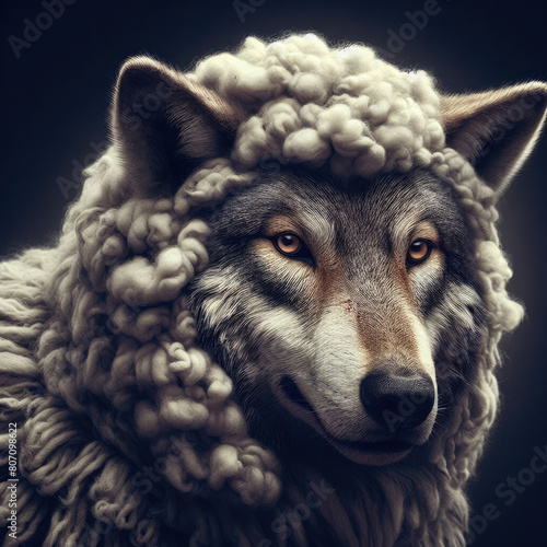 A wolf with a sheep's wool on its head. The wolf has a sheepish look on its face photo