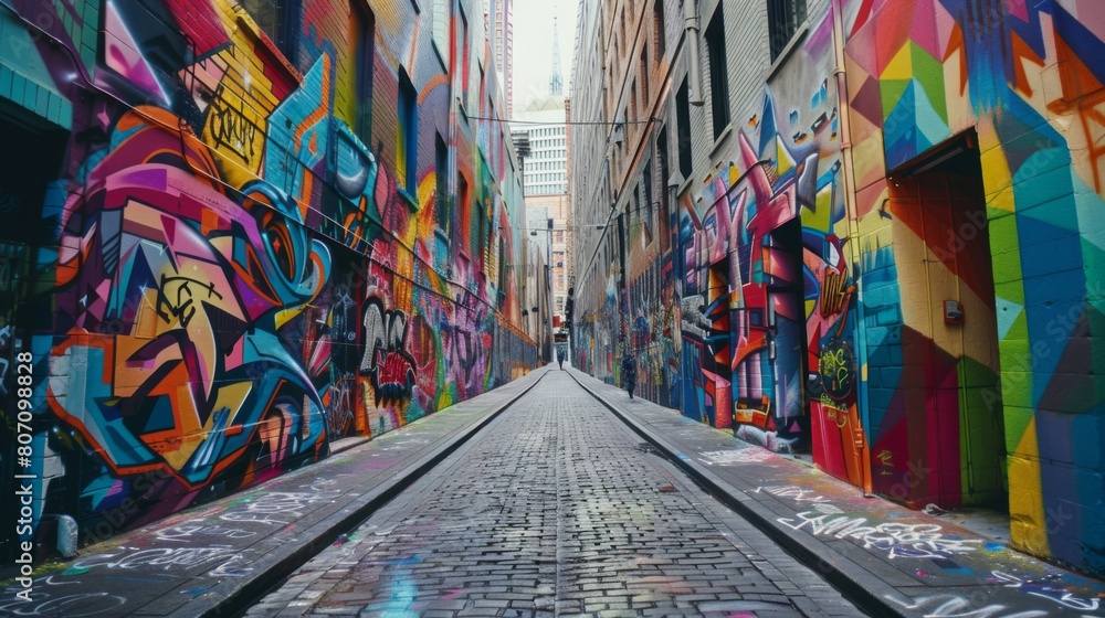 Fototapeta premium A rainbow-colored street art mural decorating a city alleyway, adding vibrancy and culture to the urban landscape.