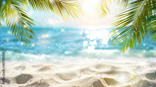 Soft white sands kissed by sunlight with palm shadows and bright flare for a pure summer beach holiday feel