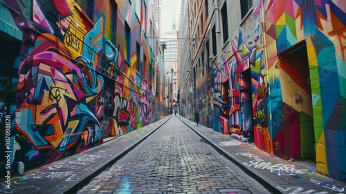 A rainbow-colored street art mural decorating a city alleyway, adding vibrancy and culture to the urban landscape.