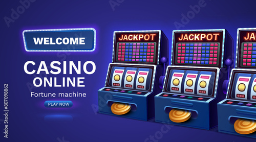 Casino 777 banner slots machine winner, jackpot fortune of luck. Vector illustration