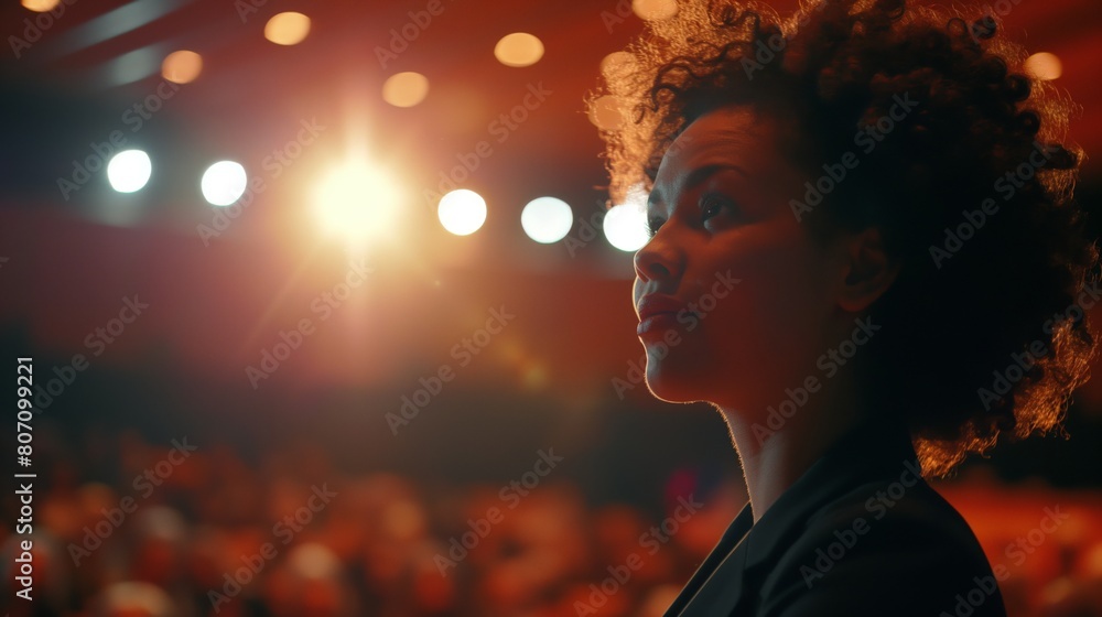 Businesswoman speaker at Business Conference and Presentation African American female with curly hair in suit in meeting event talk show Businesswoman speaker at Business Conference and Presentation African American female with curly hair in suit in meeting event talk show
