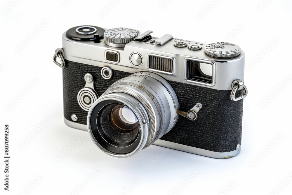 Classic silver and black film camera isolated against a white backdrop