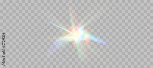 Refraction overlay effect, blurred rainbow. Light lens prism effect on transparent background. Holographic reflection, crystal flare leak shadow overlay. Vector abstract illustration.