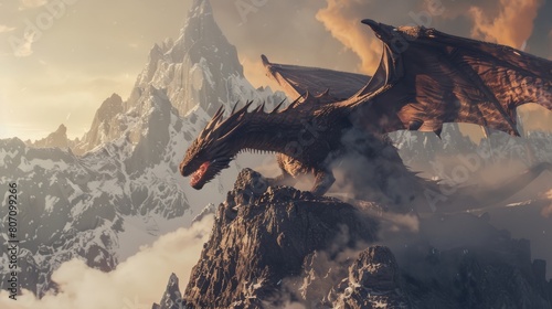 Fiery Dragon Perched High on Mountain Peak Artwork.