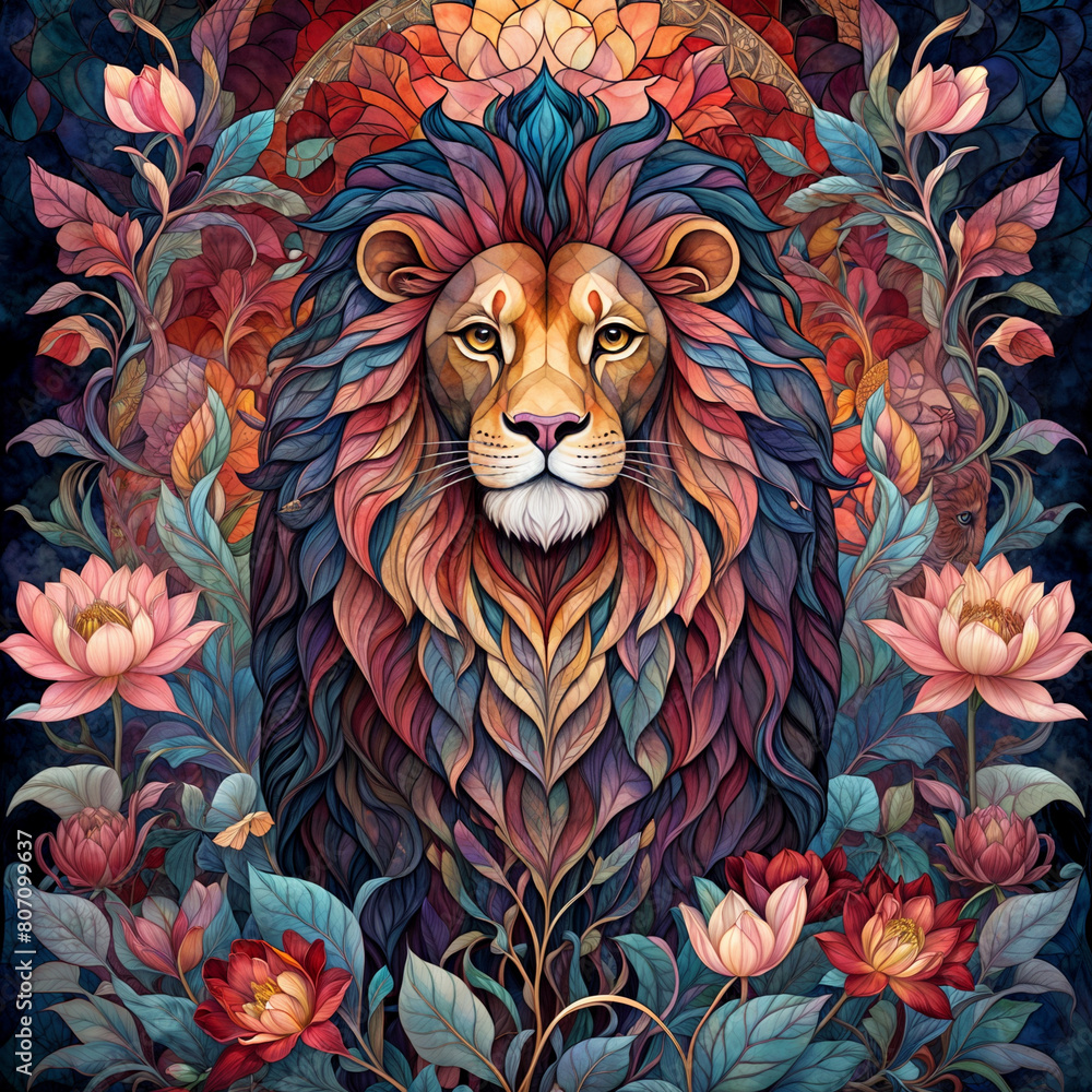 The colorful lion in the forest