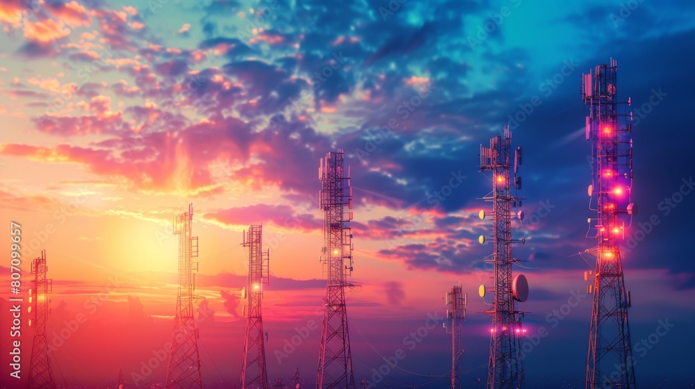 A row of tall telephone signal towers against a colorful sunset sky, symbolizing connectivity and communication in the digital age. A row of tall telephone signal towers against a colorful sunset sky, symbolizing connectivity and communication in the digital age.