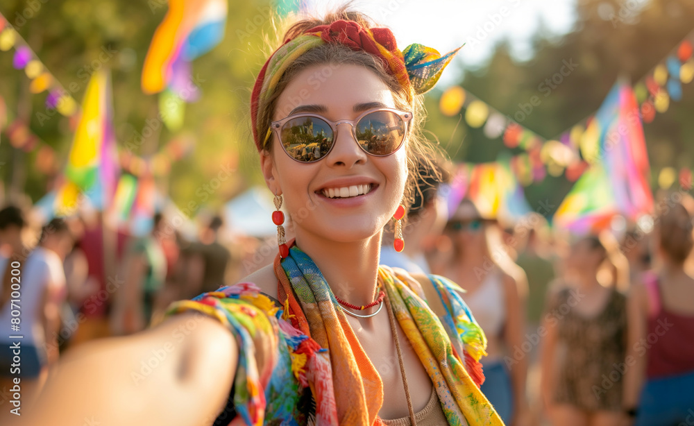 Young individual at an outdoor music festival, taking a selfie with the festival crowd in the background.