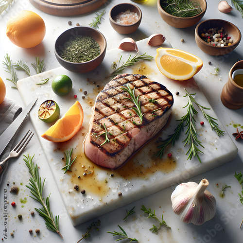 Grilled Wahoo Steak with Citrus on Marble Counter photo
