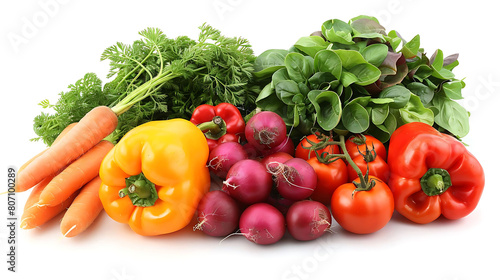 assortment of colorful fresh vegetables  including orange carrots  red and yellow peppers  and a green leaf  arranged on a isolated background