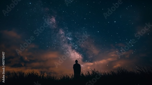 Starry night galaxy night sky full of stars silhouette of man in grass field