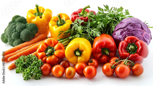 assortment of colorful fresh vegetables, including red and yellow peppers, orange carrots, yellow peppers, and green broccoli, arranged on a transparent background