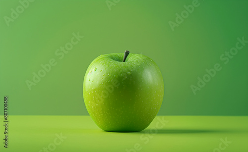 Glossy green apple placed on a similarly colored green background.