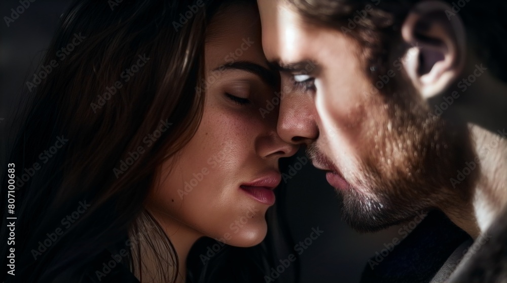 Couple faces each other head against head eye closed nose against nose Caucasian male and female about to kiss Couple faces each other head against head eye closed nose against nose Caucasian male and female about to kiss